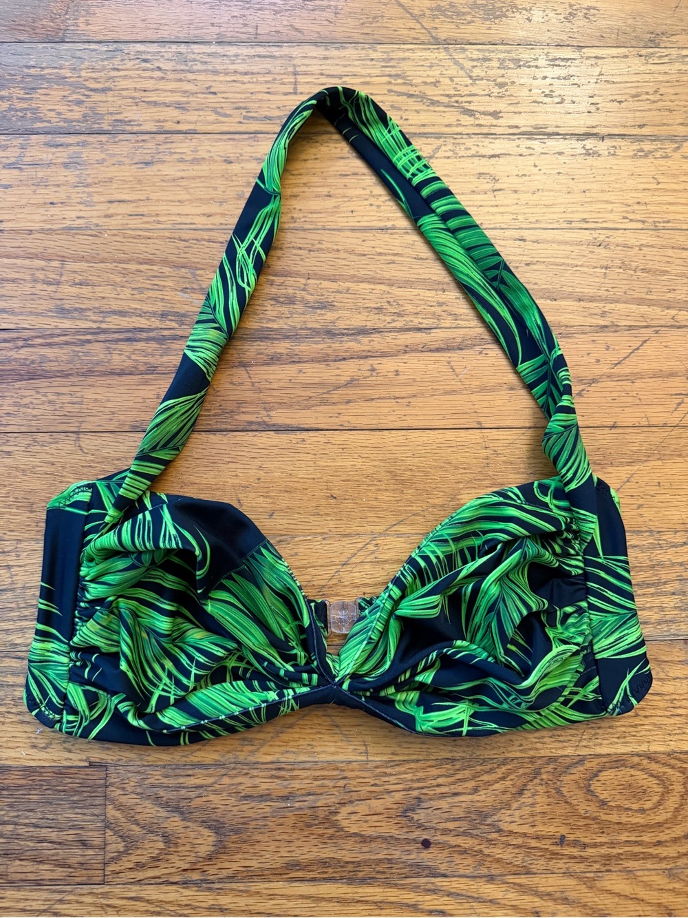 Norma Kamali Black Bikini Top with Bright Green Palm Leaf Print